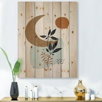 עיצוב 'ירח ושמש מופשטים עם הדפס מודרני של צמחים מינימליים על עץ אורן טבעי