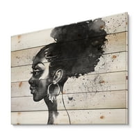 מעצב את 'דיוקן שחור לבן, של אישה אפריקאית אמריקאית, הדפס מודרני על עץ אורן טבעי