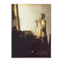 אמנות סימן מסחרי 'אישה עם שרשרת פנינה' אמנות בד מאת יוהנס ורמיר