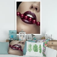 עיצוב 'נערות נשכות עם שפתיים אדומות עם הדפס אמנות ממוסגר מודרני של פנינים אדומות