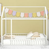 מיטת בית מתכת Aukfa, מיטת פלטפורמה בגודל מלא עם גדר לילדים - לבן
