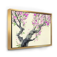 אמנות עיצוב 'העץ היפני עם פרחים סגולים על' הדפסת אמנות קיר בד ממוסגרת מסורתית