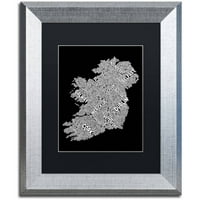 סימן מסחרי אמנות אירלנד Eire City Text Map B & W אמנות קנבס מאת מייקל טומפסט, שחור מט, מסגרת כסף