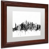 סימן מסחרי אמנות יפה קו הרקיע של ניו יורק B&W אמנות קנבס מאת מייקל טומפסט, לבן מט, מסגרת עץ
