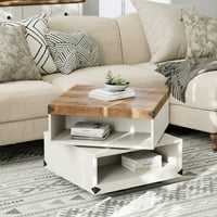 שולחן קפה מסתובב עם קוביות, שולחן מרכזי תה עץ מרובע עץ לסלון, לבן ואלון, 25.5