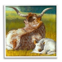 עגל של Longhorn Cattle בעלי חיים נחים וחרקים ציור אמנות מדפסת אמנות מסגרת לבנה