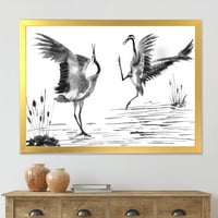 עיצוב אמנות 'מונוכרום שני מנופים יפניים מאוהבים ציפורים' הדפס אמנות ממוסגר מסורתי