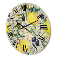 עיצוב 'דפוס גיאומטרי של קישוט לימון על כחול III' שעון קיר עץ טרופי