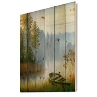 עיצוב 'גדת האגם עם הסירה' הדפס מסורתי על עץ אורן טבעי