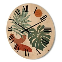 עיצוב 'צורות שמש וירח בירוק רטרו ירוק וטרקוטה טון' שעון קיר עץ מודרני