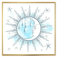 עיצוב אמנות 'כחול סהר ירח עם כוכבים מונסטון תליוני' בוהמי & אקלקטי ממוסגר בד קיר אמנות הדפסה