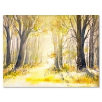 מעצב את 'שמש בהירה דרך עצי היער הצהוב i' הדפס אמנות קיר בד מסורתי