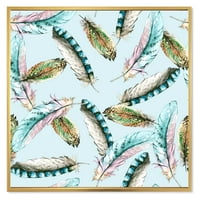 עיצוב 'נוצות ציפורים ירוקות על רקע כחול' בוהמי ואקלקטי ממוסגר קיר אמנות הדפס