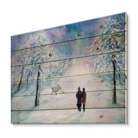עיצוב זוג מאוהב טיולים במהלך ההדפס המסורתי של זמני החורף המושלגים על עץ אורן טבעי