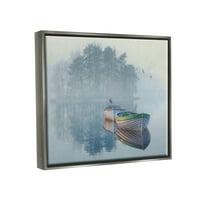 Stupell Foggy Boat Lake Reflening נוף ציור אפור מציפה