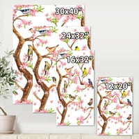 עיצוב 'ציפורים קטנות צבעוניות על עץ פרחי האביב' הדפס אמנות קיר בד מסורתי