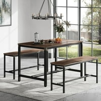 סט שולחן אוכל בן 3 חלקים עם ספסלים ל -4, שולחן מטבח תעשייתי עם משענות רגל, מבנה יציב עם עיצוב מתכת מסמרת