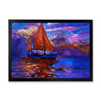 עיצוב אמנות 'ספינת מפרש אדומה בשקיעה סגולה באוקיינוס הכחול' הדפס אמנות ממוסגר ימי וחופי