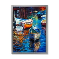 סירות במהלך שקיעה חמה מונחת על המים ממוסגרים בציור בד הדפס אמנות