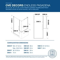 Ove Decors Pasadena 58-9 16in W Xin H מקלחת פינתית מלבנית W דלת ללא מסגרת בסאטן ניקל W פנלים ומדפים
