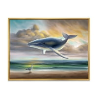 עיצוב 'לוויתן צף בשמיים מעל החוף' אמנות לילדים ממוסגר